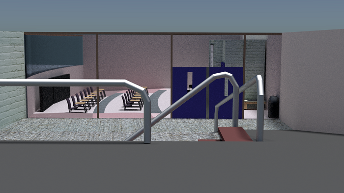 Render of the band room from the ramp looking towards the door.