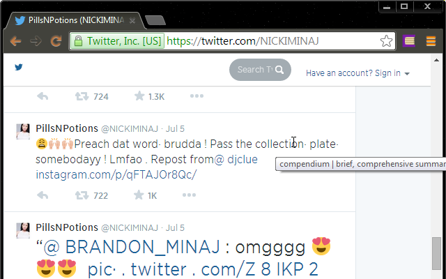 Screenshot of Nicki Minaj's Twitter feed, with a small, hovering title box replacing the word "collection" with "compendium".