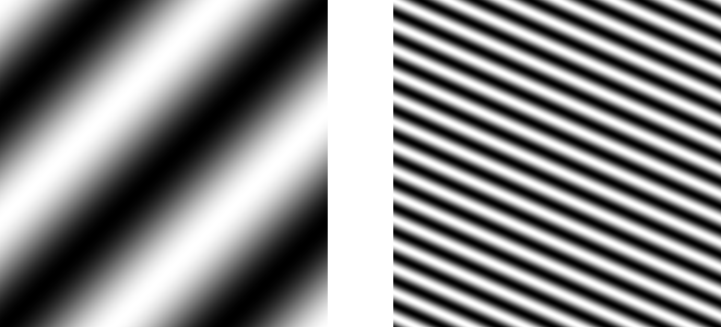 Two side-by-side images of tilted black and white stripe patterns.