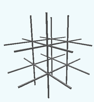 A three-dimensional, 3 by 3 by 3 grid.
