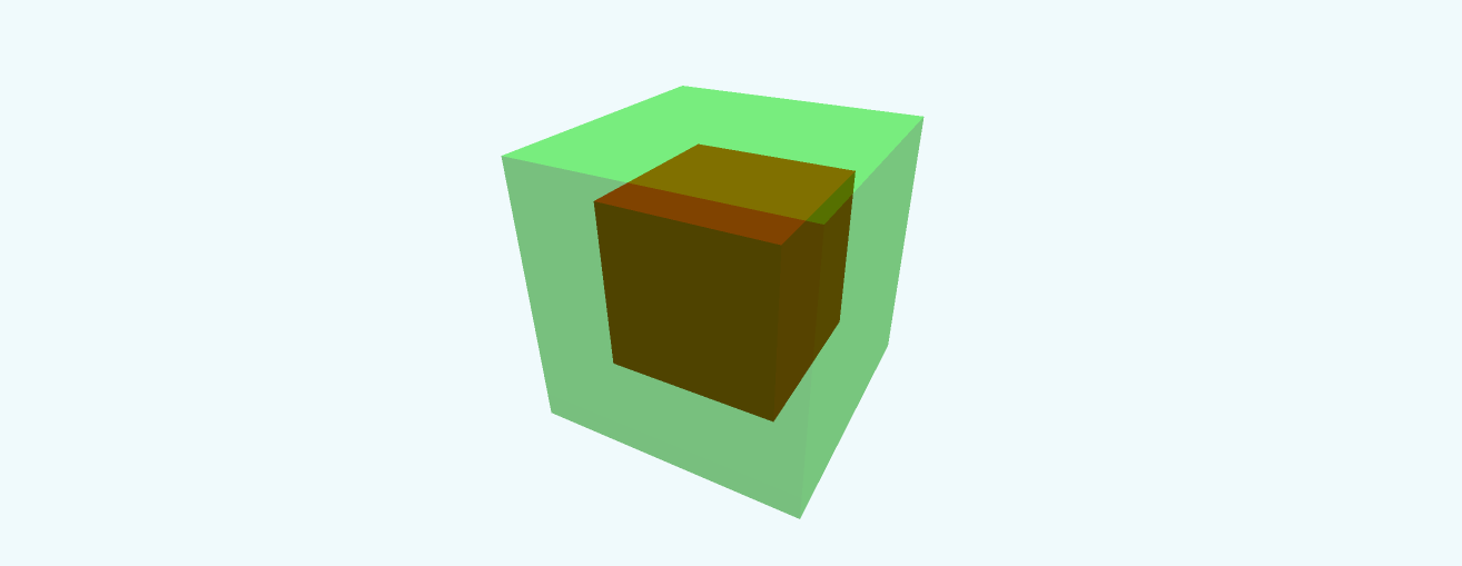 A small red cube inside a transparent green cube.