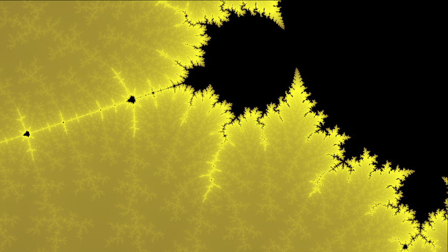 angled image of the Mandelbrot with a monochrome colorscheme of yellow